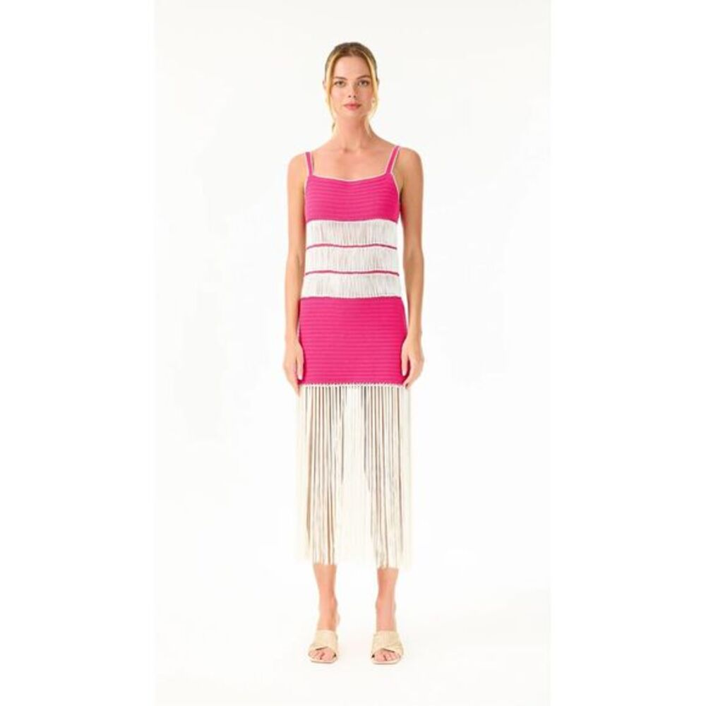 My Beachy Side Crochet Fringed Colorblock Summer Maxi Dress Fuschia Small $462